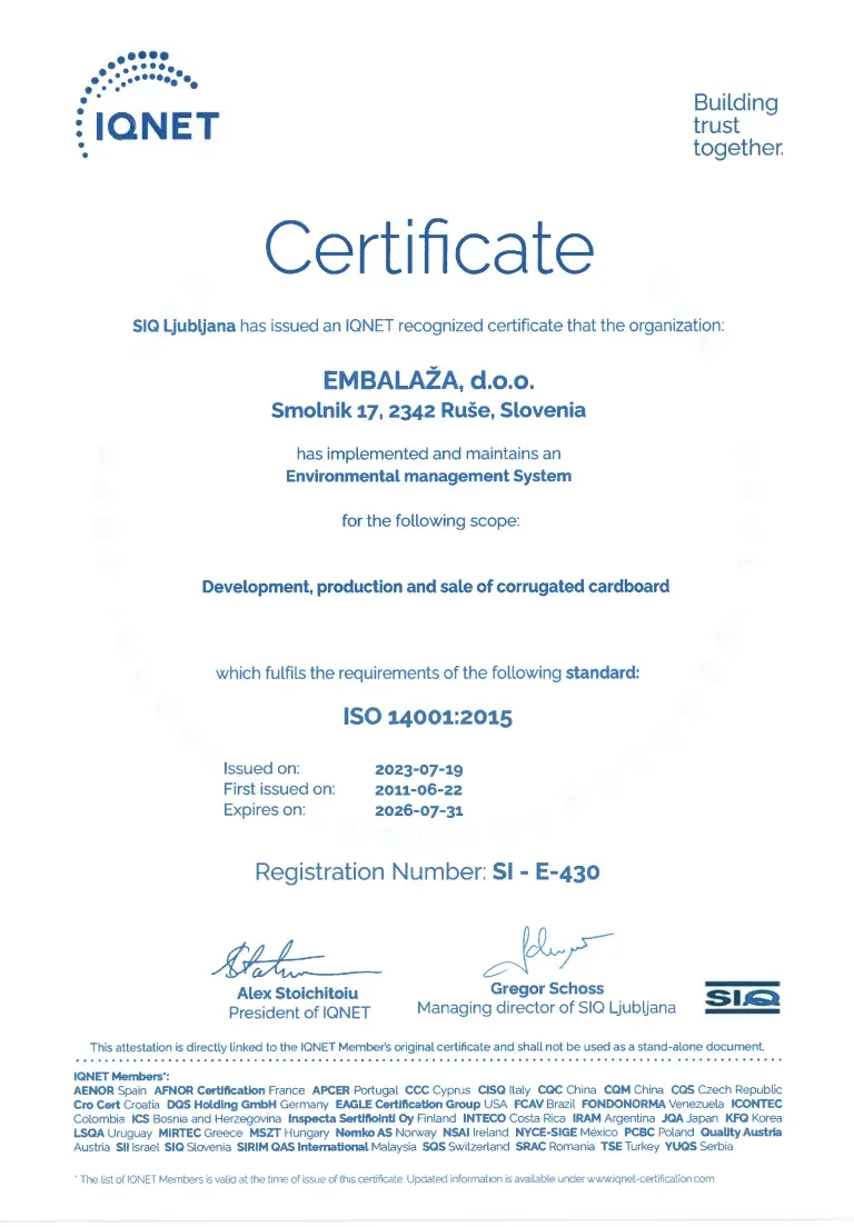 Certifikat IQNet ISO 14001:2015 (v angleščini)