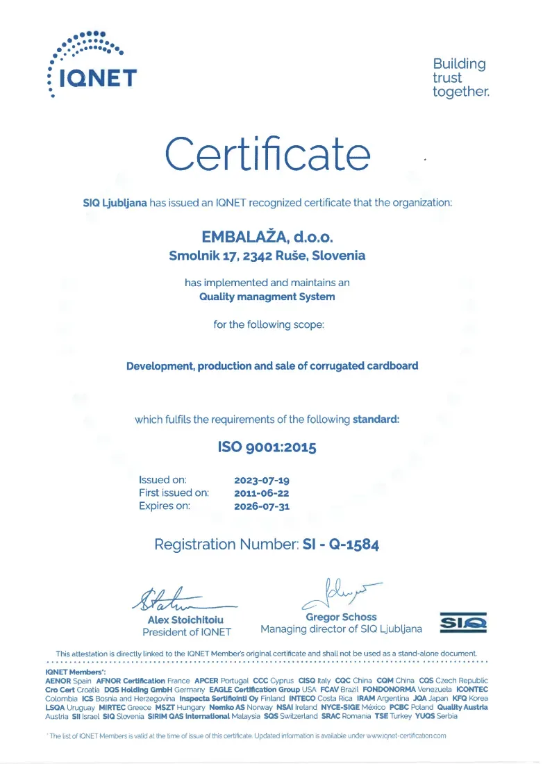 Certifikat IQNet ISO 9001:2015 (v angleščini)