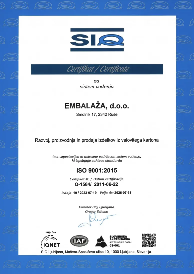 Certifikat SIQ ISO 9001:2015, št. Q-1584