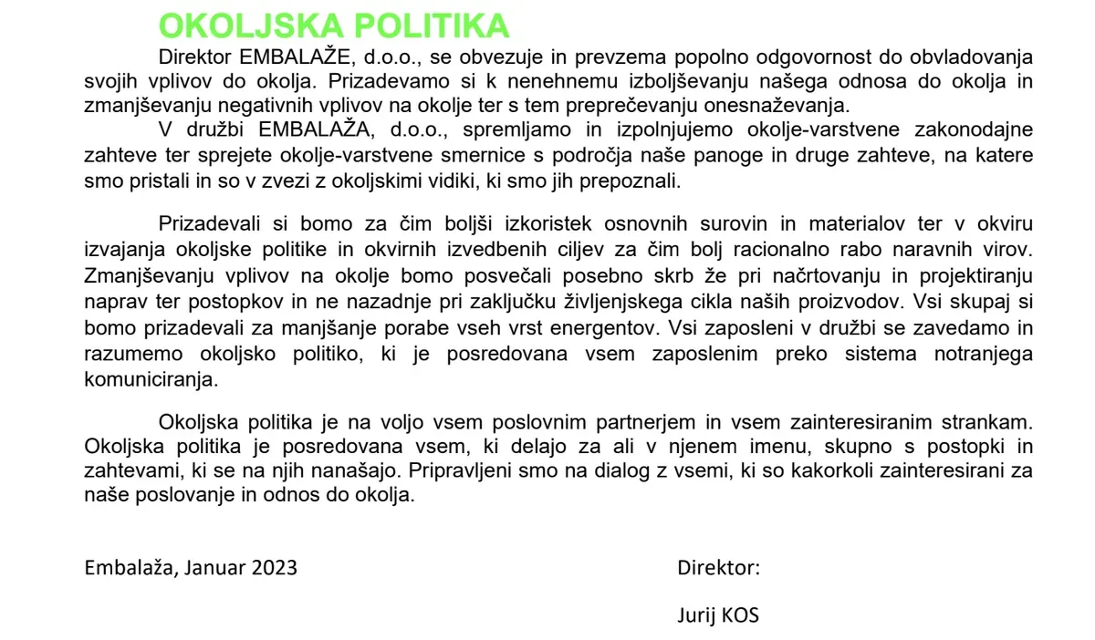 Podpisan dokument: Okoljska politika, stran 2