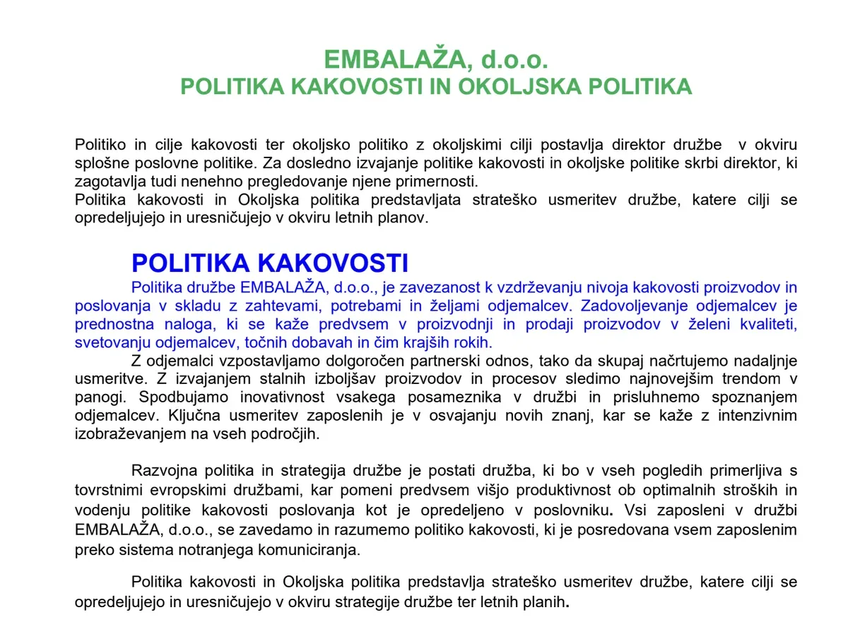 Podpisan dokument: Politika kakovosti in okoljska politika, stran 1