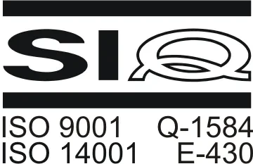 Certifikacijski znak SIQ: ISO 9001 Q-1584, ISO 14001 E-430